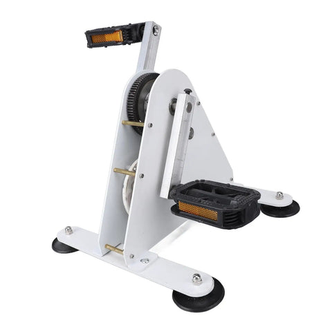 Off The Grid Ready 100W Pedal Power Generator With Sturdy Frame And Noiseless Belt Drive, white and black pedal generator.