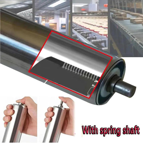 Commercial Stainless Steel Conveyor Rollers Two Pack Spring Loaded Gravity Bearings with spring shaft shown for smooth slide.