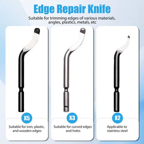 Image showcasing deburring tool set for 3D printing and metal work, featuring different edge repair knives and suitable materials.