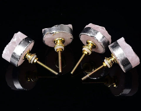 Rose Quartz Drawer Knobs Set Of 4 With Silver-Plated Edge Pink Stone Cabinet Knob Handles For Kitchen Wardrobe Cupboard