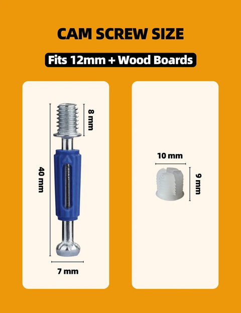 Top Rated Furniture Cam Lock Screws And Connectors M6 X 40mm Zinc Plated Steel Build for wood boards, showing sizes and fastener details.