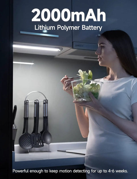 Rechargeable Under Cabinet Lights With 40 LEDs, Wireless Motion Sensor illuminating a kitchen counter at night 2 Pack