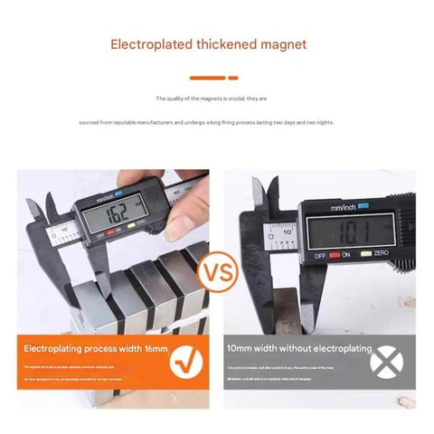 Electroplated thickened magnet measurement comparison showing 16mm width vs 10mm without electroplating.