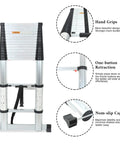 Telescopic Ladder 15.5 Ft Heavy Duty Aluminum Alloy Multi Purpose Collapsible Steps For Home RV Use Safe Slow Down Design Lightweight Portable 330 Lbs Capacity with hand grips, one-button retraction, and non-slip caps.