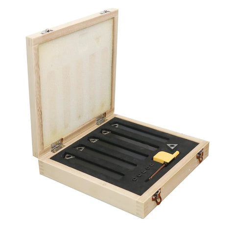 HAowosi metal lathe tool kit in a wooden box with foam-lined interior; 5 sets of 3/8" carbide indexable cutting tools.
