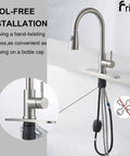 Top Shelf Brushed Nickel Kitchen Faucet With Smooth Pull Down Sprayer And High Arc Single Handle Lever tool-free installation process shown.