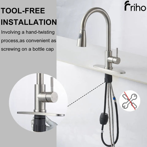 Top Shelf Brushed Nickel Kitchen Faucet With Smooth Pull Down Sprayer And High Arc Single Handle Lever tool-free installation process shown.