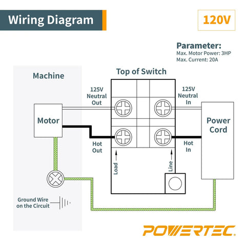 Wiring diagram showing connections for Top Shelf Dual Voltage Paddle Switch Kit With Mounting Bolts for 120V machines.
