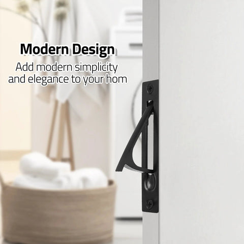 Two Pack Recessed Pocket Door Edge Pull Handles In Matte Black installed on white sliding door with modern design backdrop.