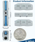 20-pack lever wire connectors with blue levers; compact gray inline push-in splicing terminals for AWG 28–12.