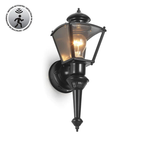 Four Sided Motion Activated Coach Light Outdoor Porch Lantern In Black Brass Charleston Style Exterior Lighting On Wall