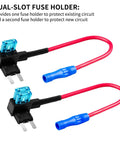 Dual-slot fuse holders with attached red wire from the Mini Add A Circuit Fuse Tap Kit 12V 5 Pack With Blade Fuse Holders And 15A Mini ATM Fuses Waterproof And Anti Rattle Perfect For Truck RV Marine Electrical Upgrades