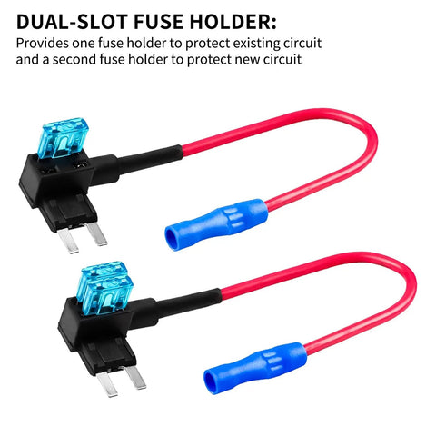 Dual-slot fuse holders with attached red wire from the Mini Add A Circuit Fuse Tap Kit 12V 5 Pack With Blade Fuse Holders And 15A Mini ATM Fuses Waterproof And Anti Rattle Perfect For Truck RV Marine Electrical Upgrades