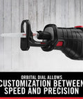 Top Tier 8.5 Amp Orbital Reciprocating Saw With Variable Speed Trigger showing orbital dial for speed and precision customization.