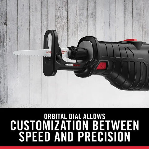 Top Tier 8.5 Amp Orbital Reciprocating Saw With Variable Speed Trigger showing orbital dial for speed and precision customization.