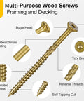 Multi-Purpose Wood Deck Screws Number Nine By Two And A Half Inch Bugle Head Golden Coating T25 Torx Star Drive features