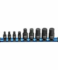 Nine Piece Metric Impact Hex Driver Set With Chrome Moly Steel And Manganese Phosphate Coating includes various size sockets displayed on a rack.