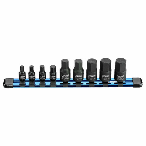 Nine Piece Metric Impact Hex Driver Set With Chrome Moly Steel And Manganese Phosphate Coating includes various size sockets displayed on a rack.