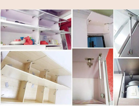 Installed Gas Strut Cabinet Lid Support Kit For Soft Close Cabinet Doors 150N 33lb 15kg 2 Pack in kitchen and storage