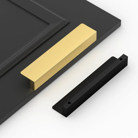 Top Shelf 10 Pack Of Matte Black Finger Edge Pulls With Five Inch Center Spacing And Smooth Rounded Corners perfect for kitchen cabinets shown with gold pull.