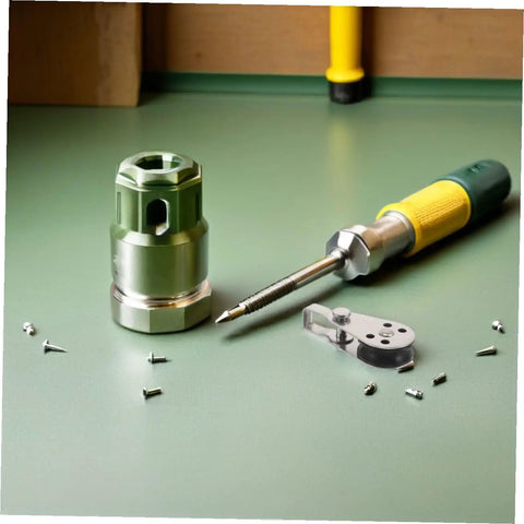 Assorted tool parts and screws on green surface with screwdriver and metal socket adapter.