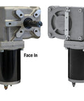 600W 12V Electric Tarp Gear Motor with Bronze Gear and 90:1 Ratio, weatherproof chrome cover, front and side view