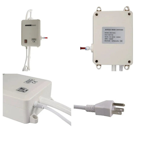Close-up of 5 Gallon Bottle Water Dispenser Pump System For Home And Office Use showing power plug and labeled control box.