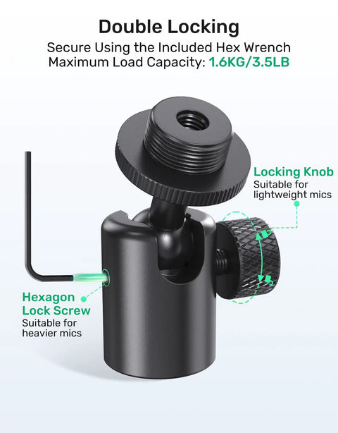 Adjustable Ball And Socket Mic Adapter With 360 Degree Pan And 90 Degree Tilt All Metal Pro Grade Gear For 5/8 And 3/8 Inch Threaded Mounts Lightweight Secure Locking Swivel Mic Stand For Streaming Cameras And Mics, double locking knob