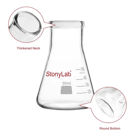 Two Pack 50 Ml Narrow Mouth Borosilicate Erlenmeyer Flasks For Lab Use Heavy Wall Chemistry Glassware Durable And Reusable Chemical Resistant