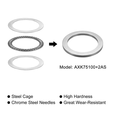 uxcell AXK75100 thrust needle roller bearing kit with washers, 75mm bore, 100mm OD, 4mm thick, 2 pcs