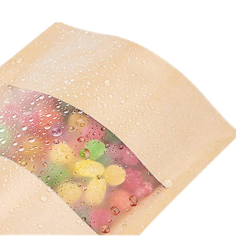 Grab And Go Mini Kraft Paper Bags With Resealable Zipper And Clear Window, 300 Count Stand Up Food Pouches For Snacks And Party Favorites, Sturdy Gusseted Construction With Waterproof Liner