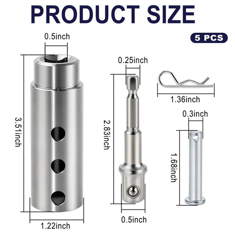 Heavy Duty Trailer Jack Drill Adapter Built Like A Tank Stainless Steel With One Inch Drive Shaft And Half Inch Socket Bit Universal For All Cordless Drills To Make Rv Camper Setup No Sweat, size details of 5 pcs