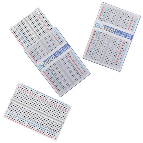 400 Tie Point Breadboard With Dual Power Rails For Jumper Wires Three Pack White PP Plastic Body With Black Legend And Color Distribution Strips Self Adhesive Backing For Easy Mount On Prototyping Shields And DIY Electronics Projects, three boards
