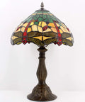 Green And Yellow Stained Glass Tiffany Dragonfly Table Lamp For Bedside And Desk Use, Reading Light With Antique Bronze Base