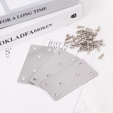40 Pack 4X2 Inch Heavy Duty Stainless Steel Flat Brackets And Mending Plates With Screws on a table for furniture repair projects.