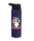 Navy stainless steel bottle with American flag panda graphic, part of the Patriotic American Flag Panda Tee For Women And Girls 4th Of July USA Pride Shirt Plus Stainless Steel Insulated Bottle Set For Summer Outdoor Fun Soft Cotton Blend Relaxed Fit Breathable Everyday Wear Great Gift Easy Care.