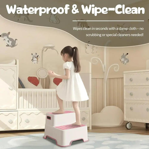 Top Shelf Two Pack Todder Step Stool For Bathroom Sink With Non Slip Rubber Base That Provides Zero Hassle Stability And Helps Kids Grab Their Toothbrush Like A Pro, child using step stool.