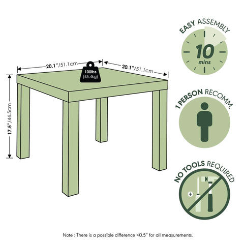 Illustration of Classic Homey Square Parsons Side End Table In Black 1 Pack Minimalist Square End Table with dimensions and assembly info