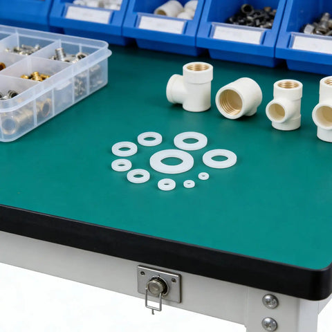 Nylon Flat Washers Assortment Kit 500 Pcs In Sizes M2 M2.5 M3 M4 M5 M6 M8 For All Your Furniture Mounting And Insulation Needs Easy To Install And Corrosion Resistant, white nylon washers on workbench
