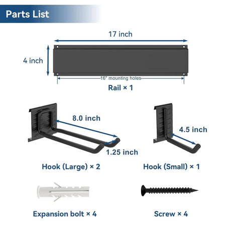 Garage Ski Wall Rack Holds 2 Pairs Of Skis With Adjustable Rail, Keeps Gear Off Floor, parts list showing rail and hooks