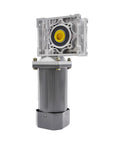Front view of AC 110V worm gear reducer motor with yellow bearing in square gearbox and gray aluminum housing.