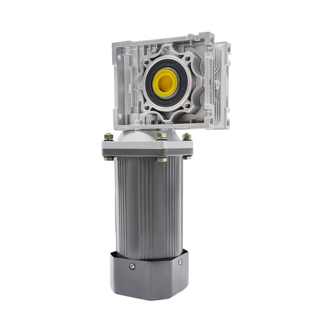 Front view of AC 110V worm gear reducer motor with yellow bearing in square gearbox and gray aluminum housing.