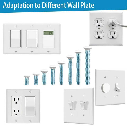 White Wall Plate Screws Kit With 46 Screws In Eight Lengths For 6-32 Thread displayed alongside various outlet covers.