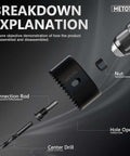 METOTY 9-piece hole saw kit exploded view with mandrel, center drill and accessories (1-1/4–2-1/8 in).