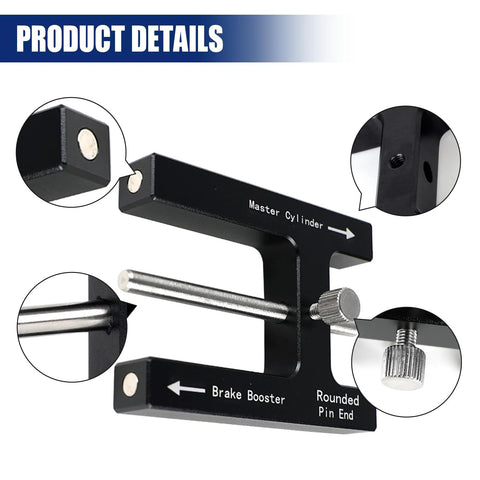 Automotive brake booster push-rod adjustment tool, black aluminum with knurled knob and Master Cylinder label
