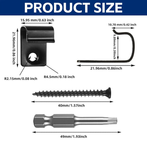 Badass 100 Pack Starter Deck Clips Built Hella Secure From 304 Stainless Steel For Composite Deck Boards Sets You Up For A Zero Sweat Install With Matching Torx Screws And Bits size chart with product dimensions and hardware details.