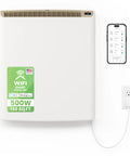 Sleek Wifi Wall Heater Kick The Winter Chill Legit Game Changer App Controlled Smart mounted on wall with mobile app beside it.