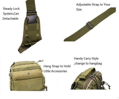 Compact Tactical Outdoor Backpack With 3 Way Carry for Everyday Carry showing strap details and accessory hang features