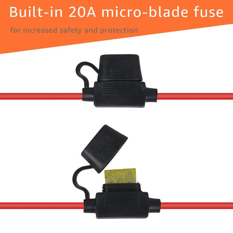 Built-in 20A micro-blade fuse on red wiring for Two Pack Heavy Duty Battery Harness Compatible With Smart Chargers.