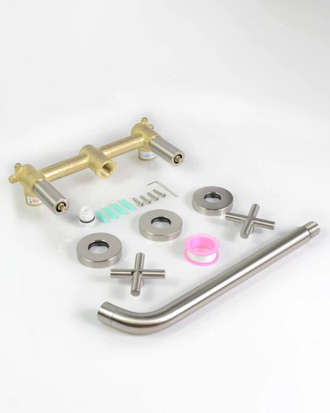 Components of Wall Mounted Tub Filler Faucet With Two Handles, Brushed Nickel Finish, Extra Long 13 Inch Spout, Brass Rough In Valve